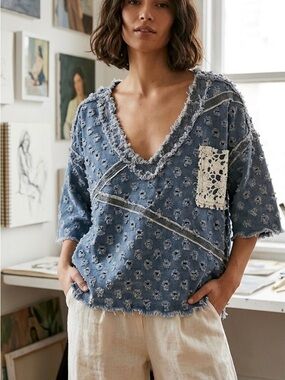 POL Boho Distressed Denim Eyelet Top - NWT